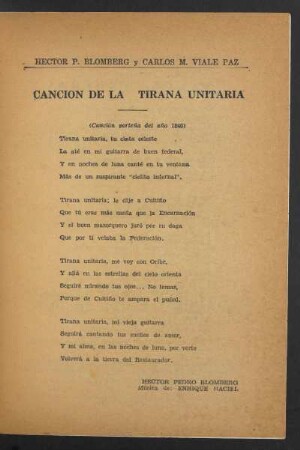 Canción de la tirana unitaria : (Canción porteña del año 1840)