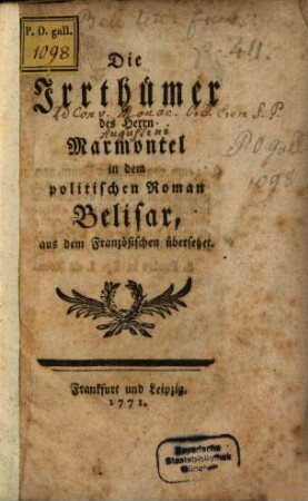 Die Irrthümer des Herrn Marmontel in dem politischen Roman Belisar : aus dem Französischen übersetzet