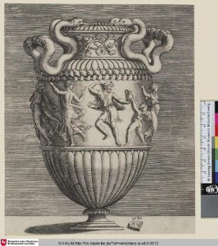 [Antike Vase mit zwei aus an den Enden zusammengewachsenen Schlangen gebildeten Henkeln und tanzenden Figuren]
