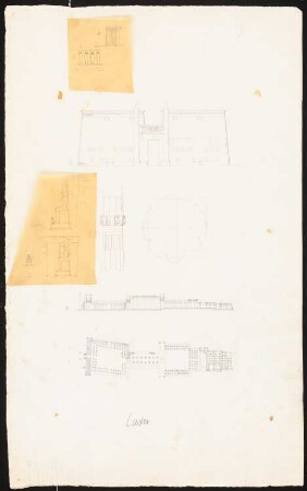 Tempel von Luxor, Luxor (Theben-Ost): Grundriss, Längsschnitt, Ansicht und Details (Säulen und Baluster) (Nach- oder Durchzeichnungen)