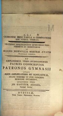 Ciceronem brevi tabula a criminatione reipublicae eversae vindicat : (Progr.)