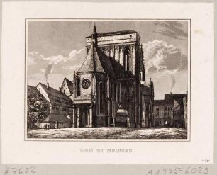 Der Dom in Meißen von Südwesten mit "Schafstall" als Turmabschluss, dahinter der "höckrige Turm", aus Schiffners Beschreibung von Sachsen um 1840