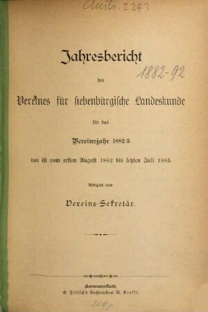 Jahresbericht des Vereins für Siebenbürgische Landeskunde, Hermannstadt, 1882/83