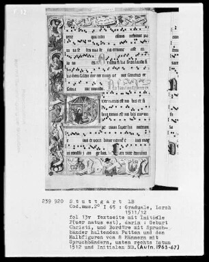 Graduale (Benediktinerhandschrift) — Textseite mit historisierter Initiale und Figuren mit Schriftbändern im Rahmen, Folio 13verso
