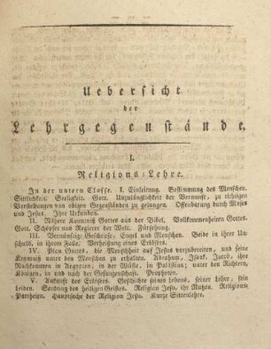 Uebersicht der Lehrgegenstände.