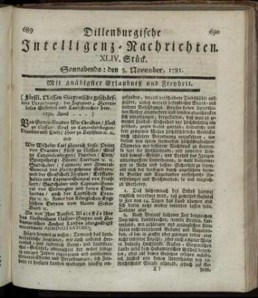 XLIV. Stück. Sonnabends: den 3. November 1781.