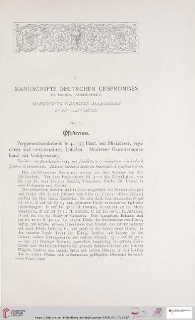 I. Manuscripte deutschen Ursprunges XII. bis XIV. Jahrhundert (Nr. 1 - 7)