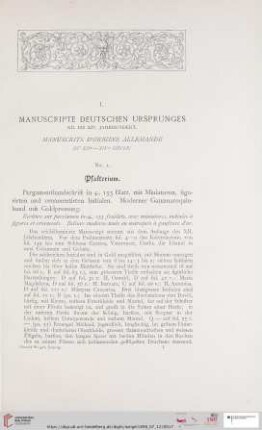 I. Manuscripte deutschen Ursprunges XII. bis XIV. Jahrhundert (Nr. 1 - 7)
