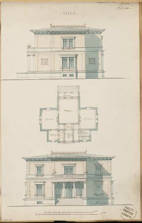 Villa Monatskonkurrenz Februar 1875: Grundriss Erdgeschoss Aufriss Vorderansicht, Seitenansicht; 2 Maßstabsleisten