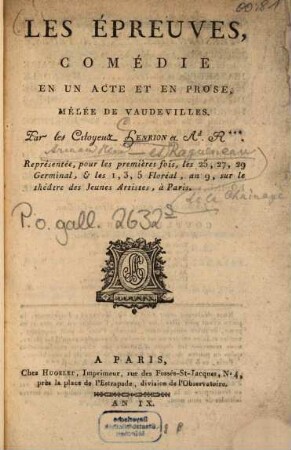 Les épreuves : comédie en un acte et en prose, mêlée de vaudevilles