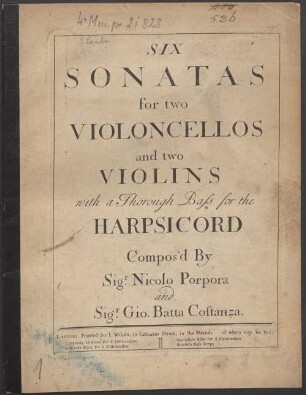 Six sonatas for 2 violoncellos and 2 violins with a thorough baß for the harpsichord