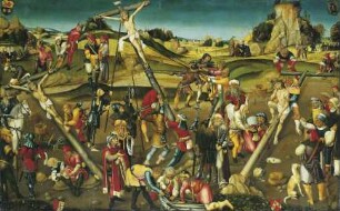 Kreuzbereitung mit rastendem Christus, Kreuzanheftung und Kreuzaufrichtung