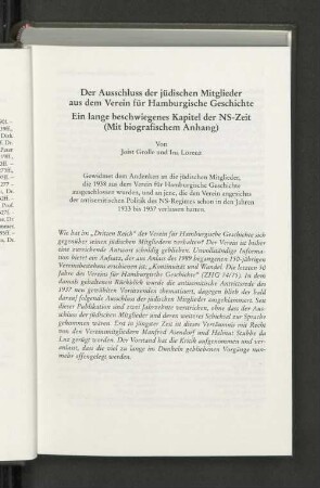 Der Ausschluss der jüdischen Mitglieder aus dem Verein für Hamburgische Geschichte Ein lange beschwiegenes Kapitel der NS-Zeit (Mit biografischem Anhang)