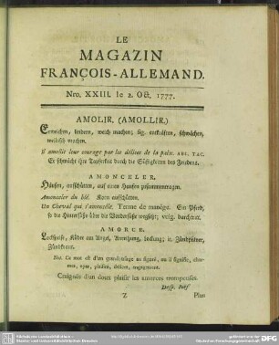 Nro. XXIII. le 2. Oct. 1777