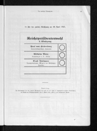 b) Für den zweiten Wahlgang am 26. April 1925.