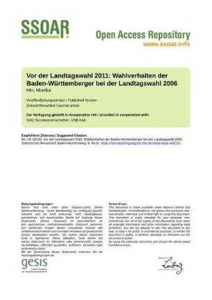 Vor der Landtagswahl 2011: Wahlverhalten der Baden-Württemberger bei der Landtagswahl 2006
