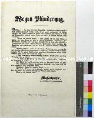 Maueranschlag des Ober-Kommandanten Messenhauser betreffend Plünderungen