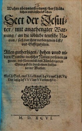 Wahre abconterfeytung der ... Sect der Jesuiter ...