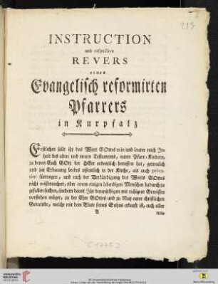 Instruction und respective Revers eines Evangelisch reformirten Pfarrers in Kurpfalz