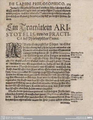 Ein Tractätlein ARISTOTELIS, von der PRACTICA deß Philosophischen Steins.