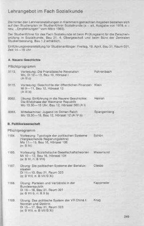 Lehrangebot im Fach Sozialkunde