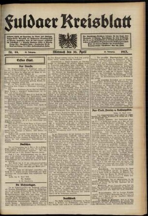 Erste Ausgabe vom Mittwoch, den 30. April 1913.