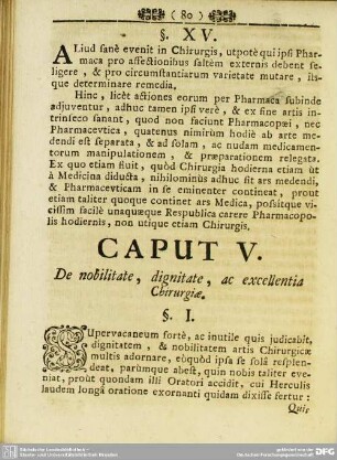 Caput V. De nobilitate, dignitate, ac excellentia Chirurgiae