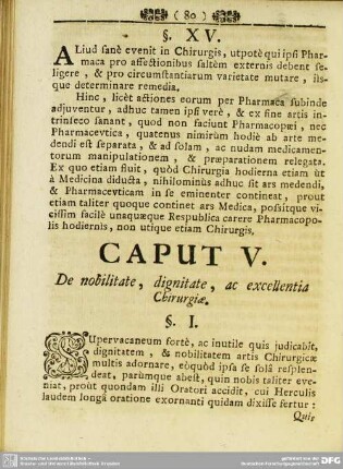 Caput V. De nobilitate, dignitate, ac excellentia Chirurgiae