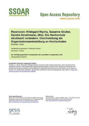 Rezension: Hildegard Macha, Susanne Gruber, Sandra Struthmann, 2011: Die Hochschule strukturell verändern. Gleichstellung als Organisationsentwicklung an Hochschulen