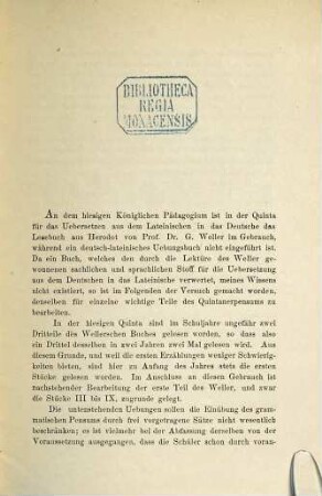 Zusammenhängende Uebungsstücke zum Uebersetzen aus dem Deutschen ins Lateinische im Anschluss an Wellers Lesebuch aus Herodot für Quinta