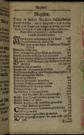 Register, Derer in diesem Büchlein beschriebenen Kunst-Sücken,[...]