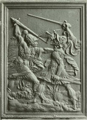 Ofenplatte 'Kampf des Marcus Valerius Corvus mit dem Gallier' aus Schloß Laußnitz
