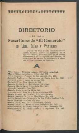 Directorio de los Suscritores de "El Comercio" en Lima, Callao y Provincias