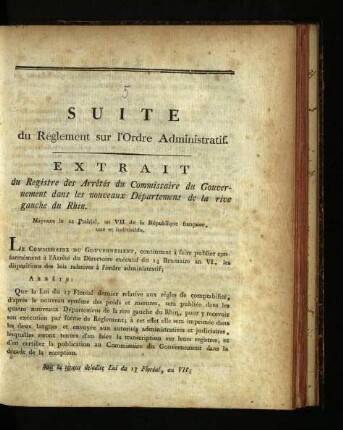 Suite du règlement sur l'ordre administratif / Mayence, 12. prairial, an VII [31. Mai 1799]