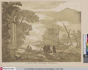 [Ein Seehafen bei Sonnenuntergang; im Mittelgrund auf einem steilen Hügel ein runder antiker Tempel.]