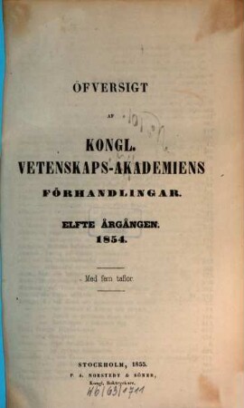 Öfversigt af Kongliga Vetenskaps-Akademiens förhandlingar. 11. 1854 (1855)