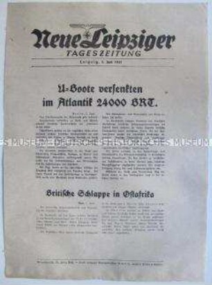 Extrablatt der "Neuen Leipziger Tageszeitung" zum U-Bootkrieg im Atlantik und Kämpfen in Nordafrika