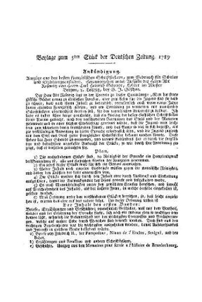 Beylage zum 5ten Stück der Deutschen Zeitung 1789