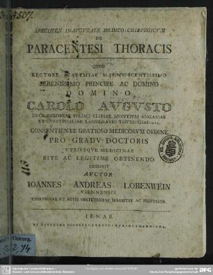 Specimen Inaugurale Medico-Chirurgicum De Paracentesi Thoracis