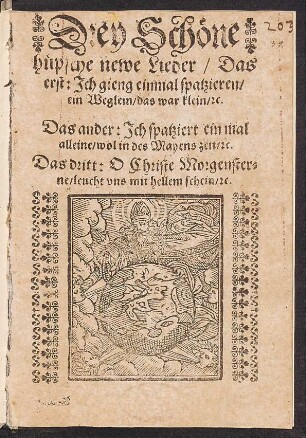 Drey Schœne || huepsche newe Lieder/ Das || erst: Jch gieng einmal spatzieren/|| ein Weglein/ das war klein/ [et]c.|| Das ander: Jch spatziert ein mal || alleine/ wol in des Mayens zeit/ [et]c.|| Das dritt: O Christe Morgenster=||ne/ leucht vns mit hellem schein/ [et]c.||