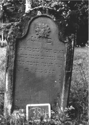 Grabstein 384 (Index: 99895813) Material: Sandstein Zustand: gut Maße HxBxT: 122x69x10 cm Beschreibung: Stele mit eingezogenem Rundbogenabschluss Symbolik: Blüte: Grabstein 384