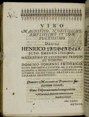 Viro [...] Domino Henrico Langerbeck [...] Domino Johanni Friderico, Duci Brunovicensiun [...]