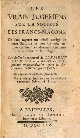 Les vrais Jugemens sur la Société des Francs-Maçons