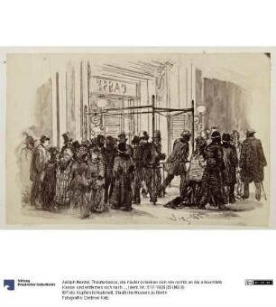 Theaterkasse, die Käufer schieben sich von rechts an die erleuchtete Kasse und entfernen sich nach links, zu Heinrich von Kleist "Der zerbrochene Krug"