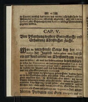 Cap. V.: Von Pflantzung wahrer Gottesfurcht und Erhaltung Christlicher Zucht