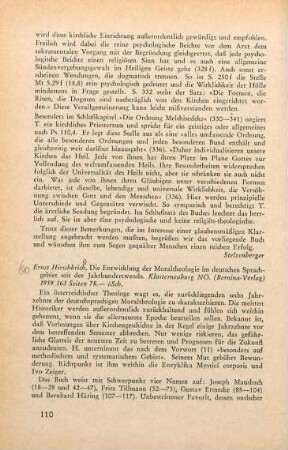 110-112 [Rezension] Hirschbrich, Ernst, Die Entwicklung der Moraltheologie im deutschen Sprachgebiet seit der Jahrhundertwende