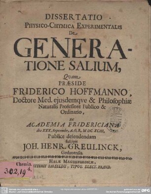 Dissertatio Physico-Chymica experimentalis de Generatione Salium