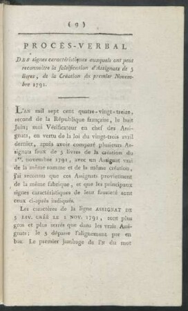 Procès-Verbal Des signes caractéristiques auxquels on peut reconnoître la falsification d'Assignats de 5 livres, de la Création du premier Novembre 1791.