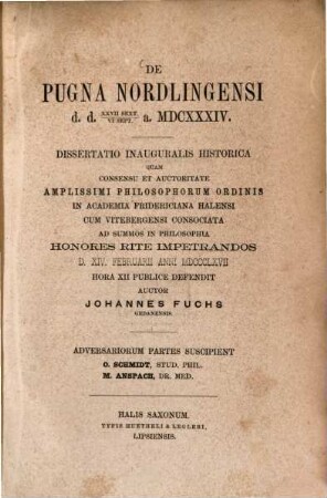 De pugna Nordlingensi d.d. XXVII. sext. - VI. sept. a. MDCXXXIV : dissertatio inauguralis historica