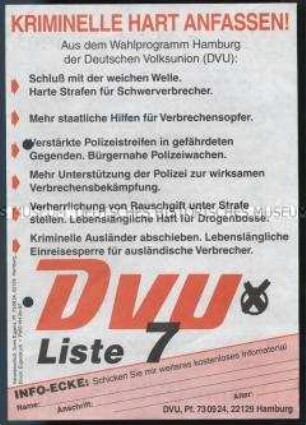 Propagandaflugblatt der DVU zur Bürgerschaftswahl in Hamburg am 21. September 1997